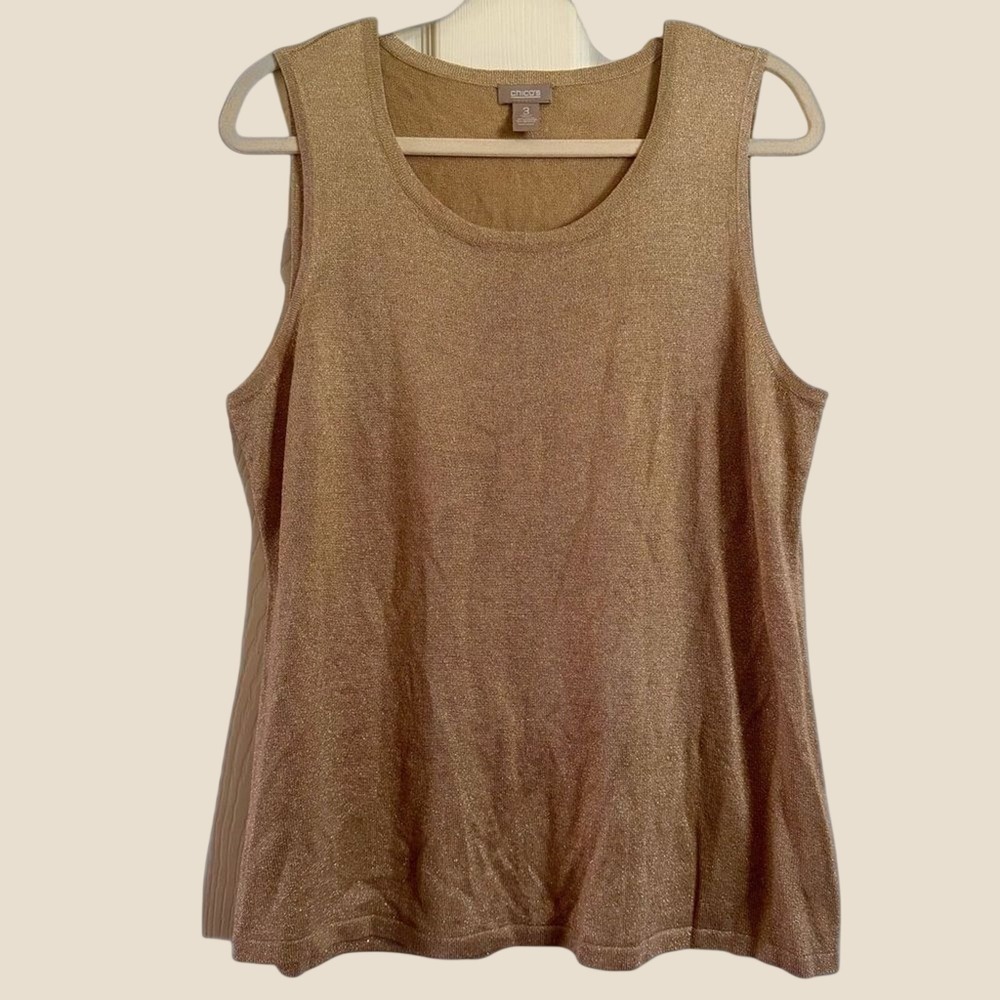 Chicos Size 3 US XL Tan Gold Knit‎ Round Neck Sleeveless Lightweight Tank Top